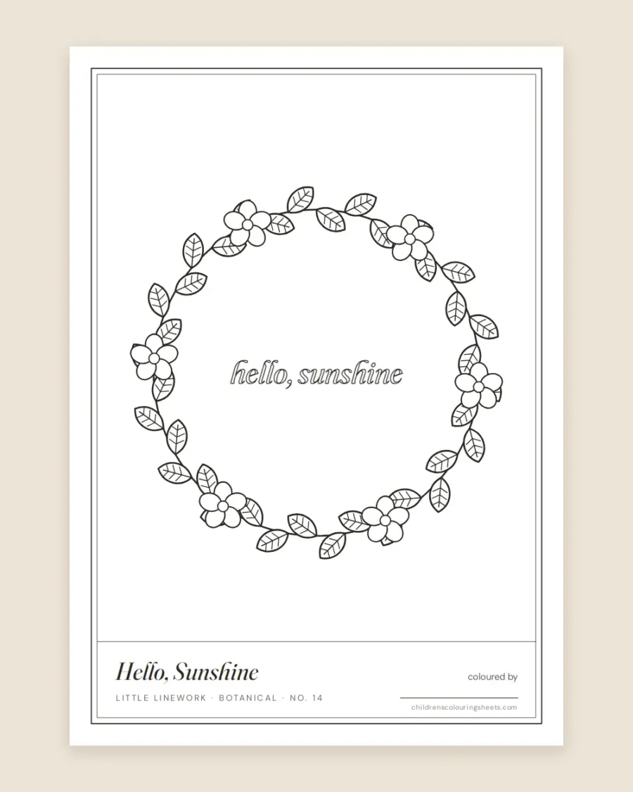 Hello Sunshine Wreath Colouring Sheet — printable preview